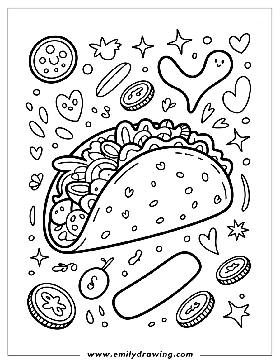 Outline of a taco filled with toppings, surrounded by various playful shapes like hearts, stars, and circles.