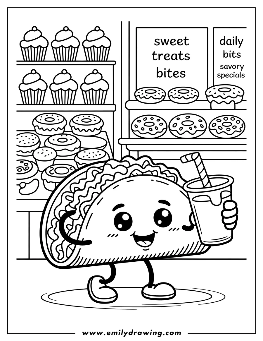 Outline of a happy taco holding a drink with a straw in a bakery setting with cupcakes and donuts on display.