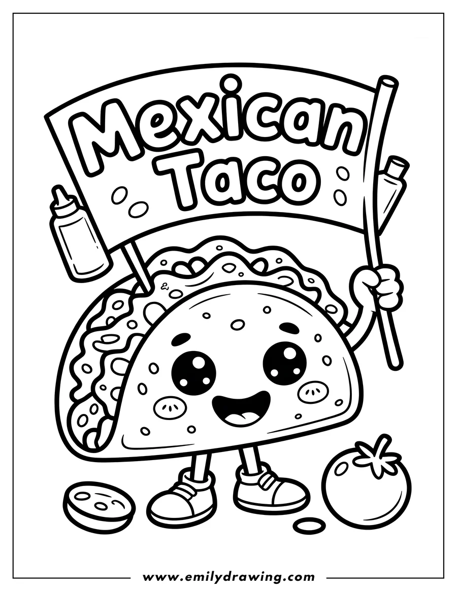 Line art of a smiling taco holding a sign that reads 'Mexican Taco'.  A tomato slice and squeeze bottles are beside the taco.