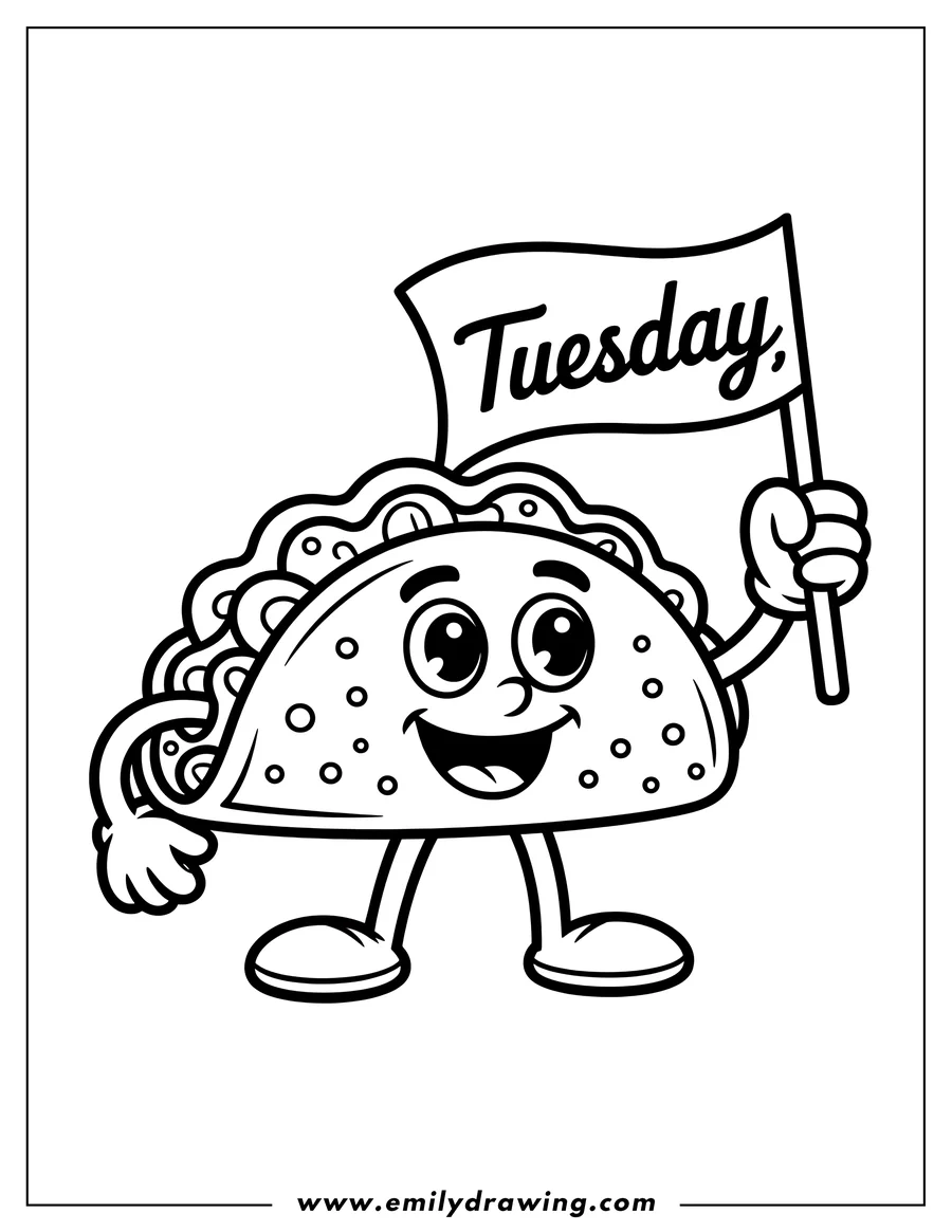Line art of a smiling taco holding a flag that says 'Tuesday'.