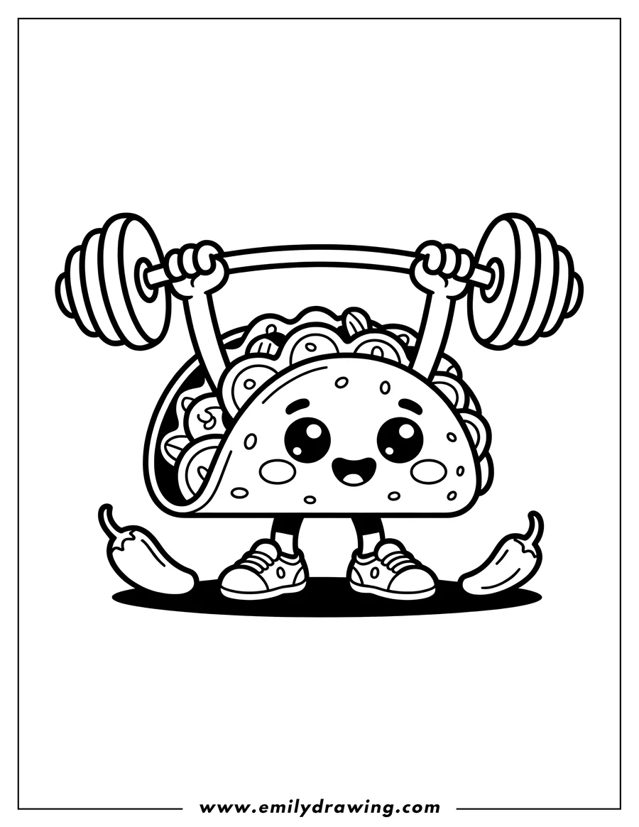 Outline of a cute, smiling taco character lifting a barbell with two chili peppers on each side.