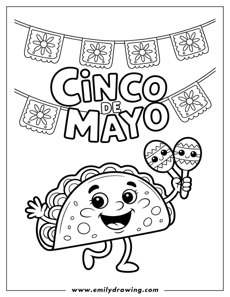 Line art of a cheerful taco holding maracas, celebrating Cinco de Mayo under a festive banner.