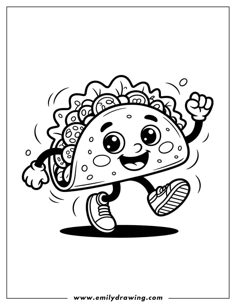 Line art of a happy taco running with fillings of lettuce, tomato, and ground beef.