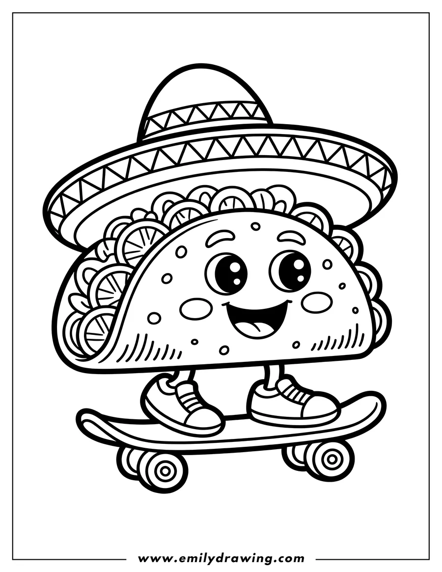 Line art of a smiling taco wearing a sombrero and skateboarding.