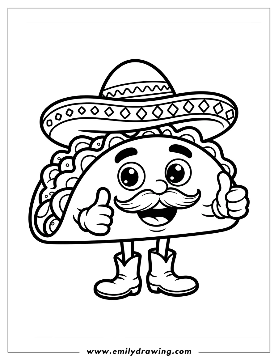 Line art of a cheerful taco wearing a sombrero and cowboy boots, giving a thumbs-up.