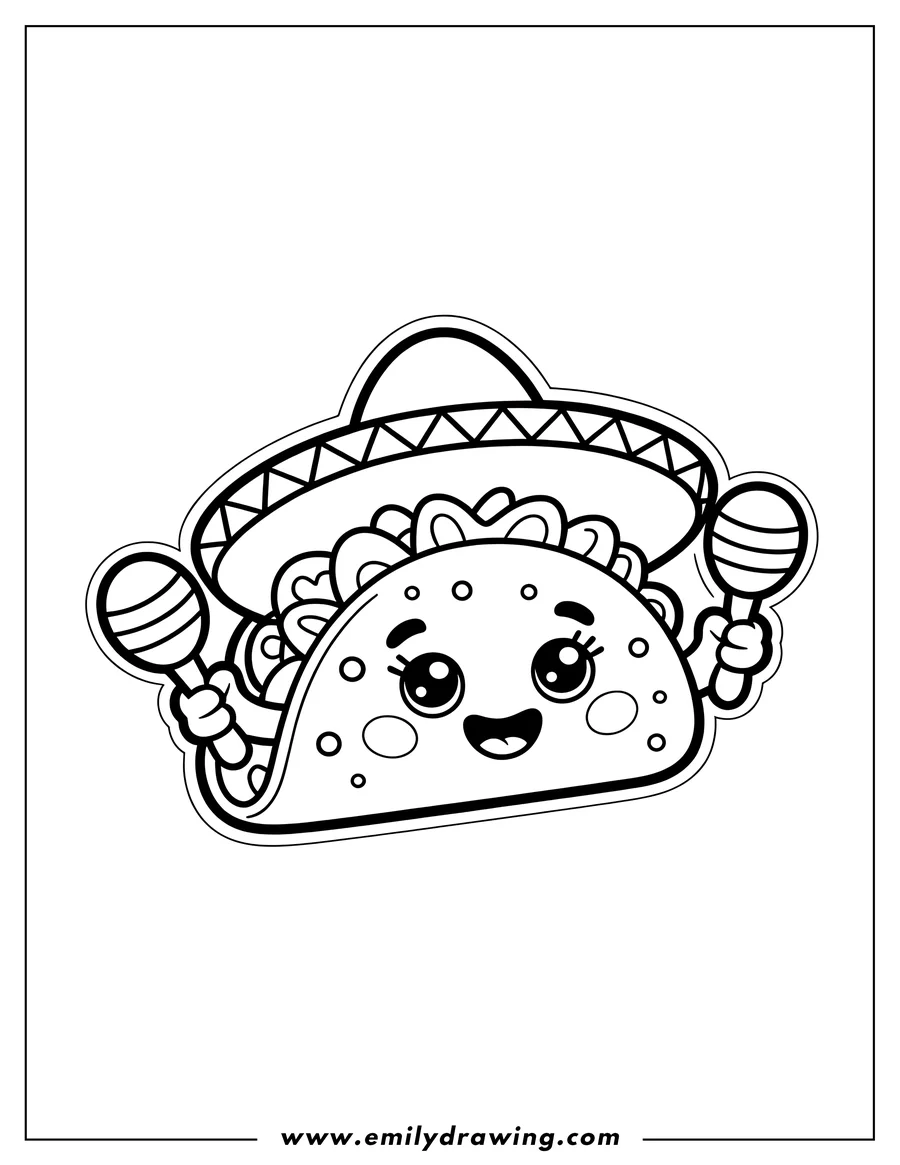 Line art of a smiling taco wearing a sombrero and holding maracas.