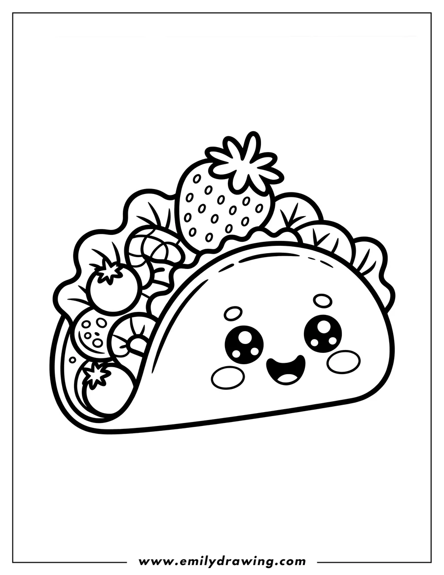 Line art of a smiling taco filled with lettuce, tomatoes, pineapple, and a strawberry.