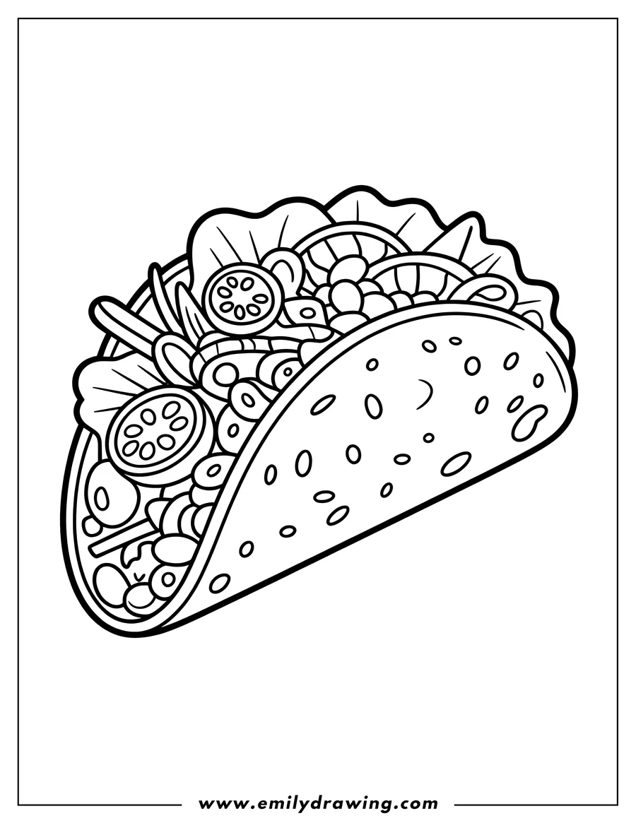 Line art of a taco filled with various vegetables, ready to be colored.