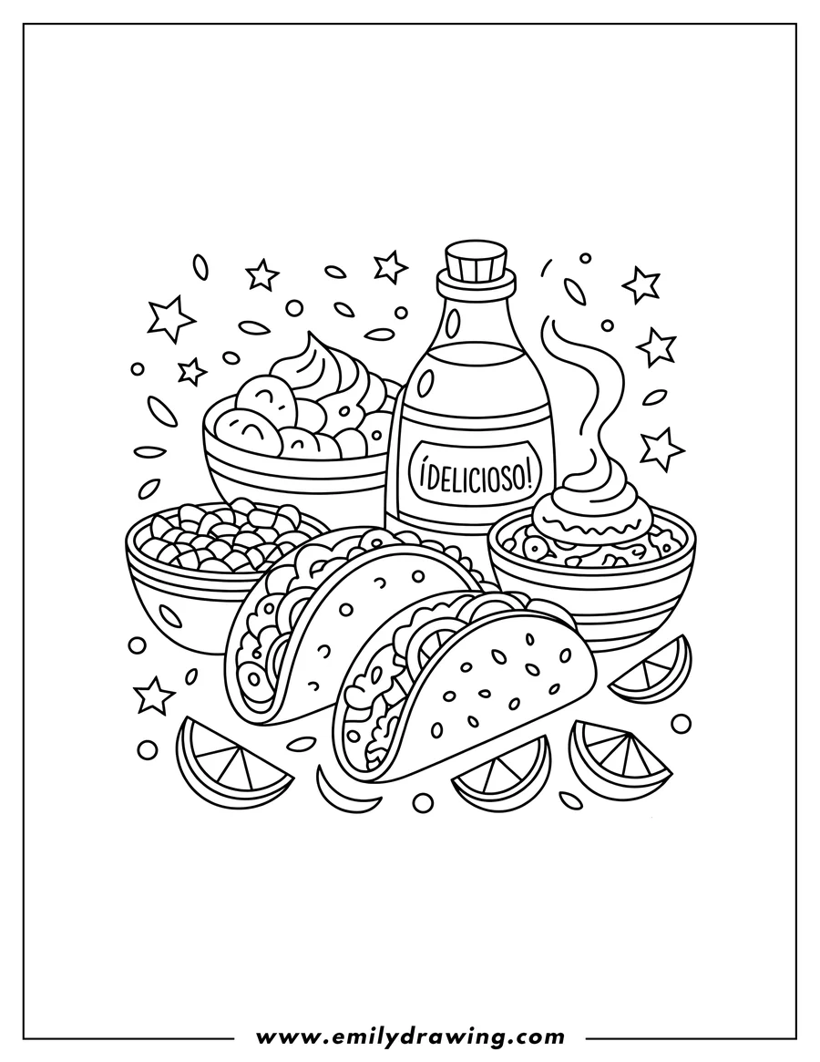 Outline of two tacos with bowls of toppings, lime slices, and a bottle of hot sauce.