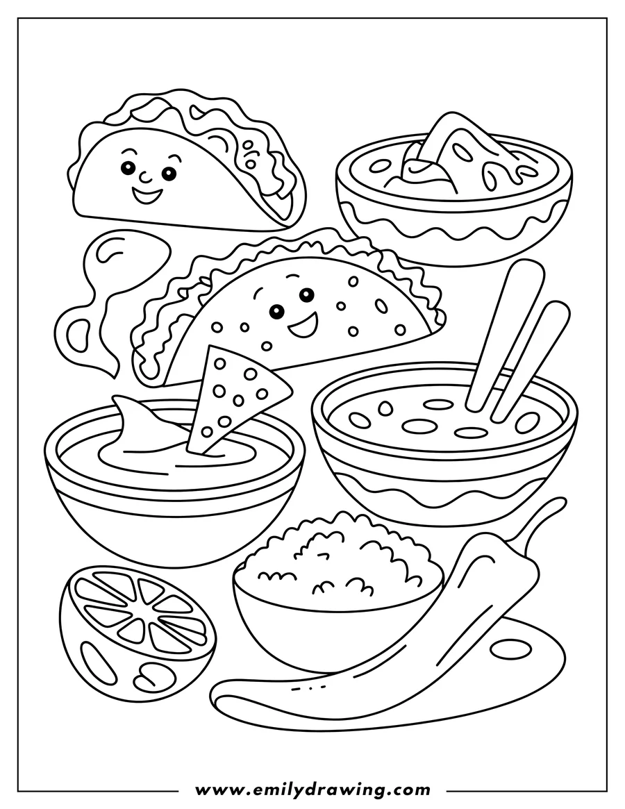 Line art of two smiling tacos, bowls of guacamole, salsa, and cheese dip with a tortilla chip, a lime wedge, and two chili peppers.