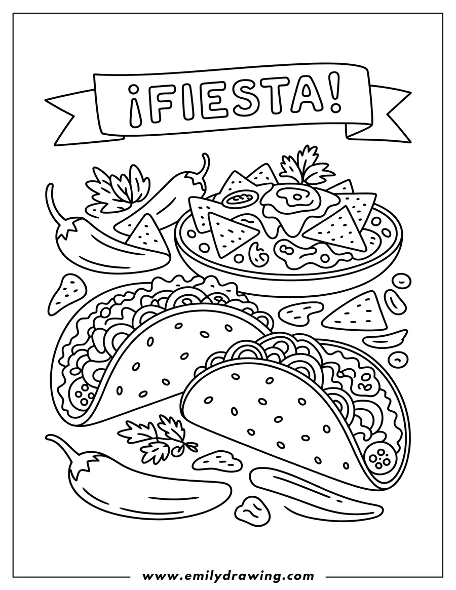 Line art of tacos, nachos, and peppers, ready to be colored in for a fiesta theme.