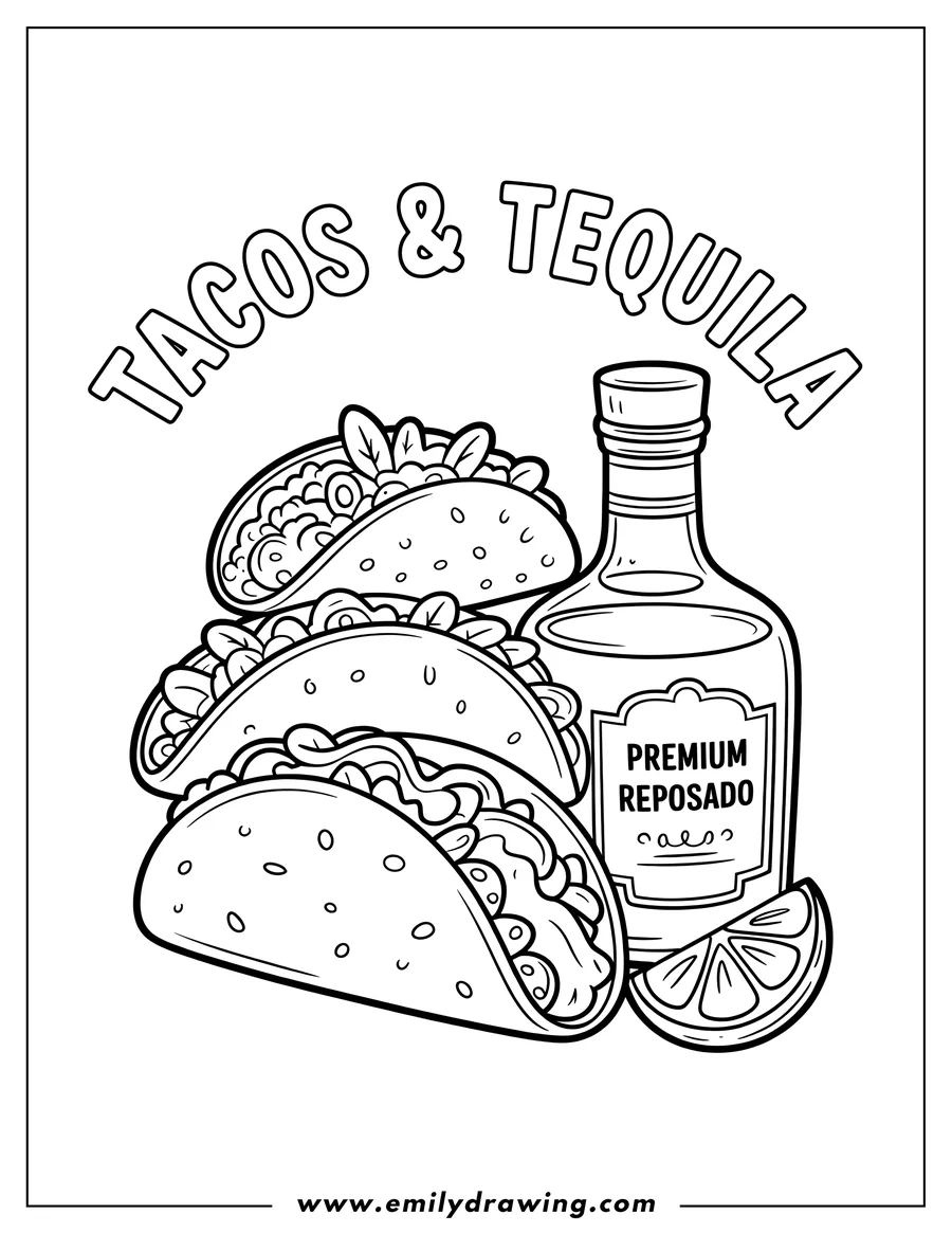 Line art of three tacos and a bottle of tequila with a lime wedge.