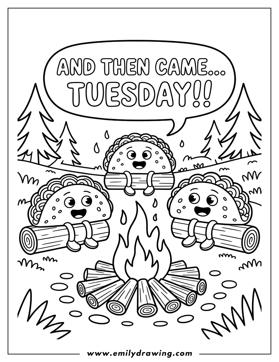 Outline of three smiling tacos sitting on logs around a campfire.