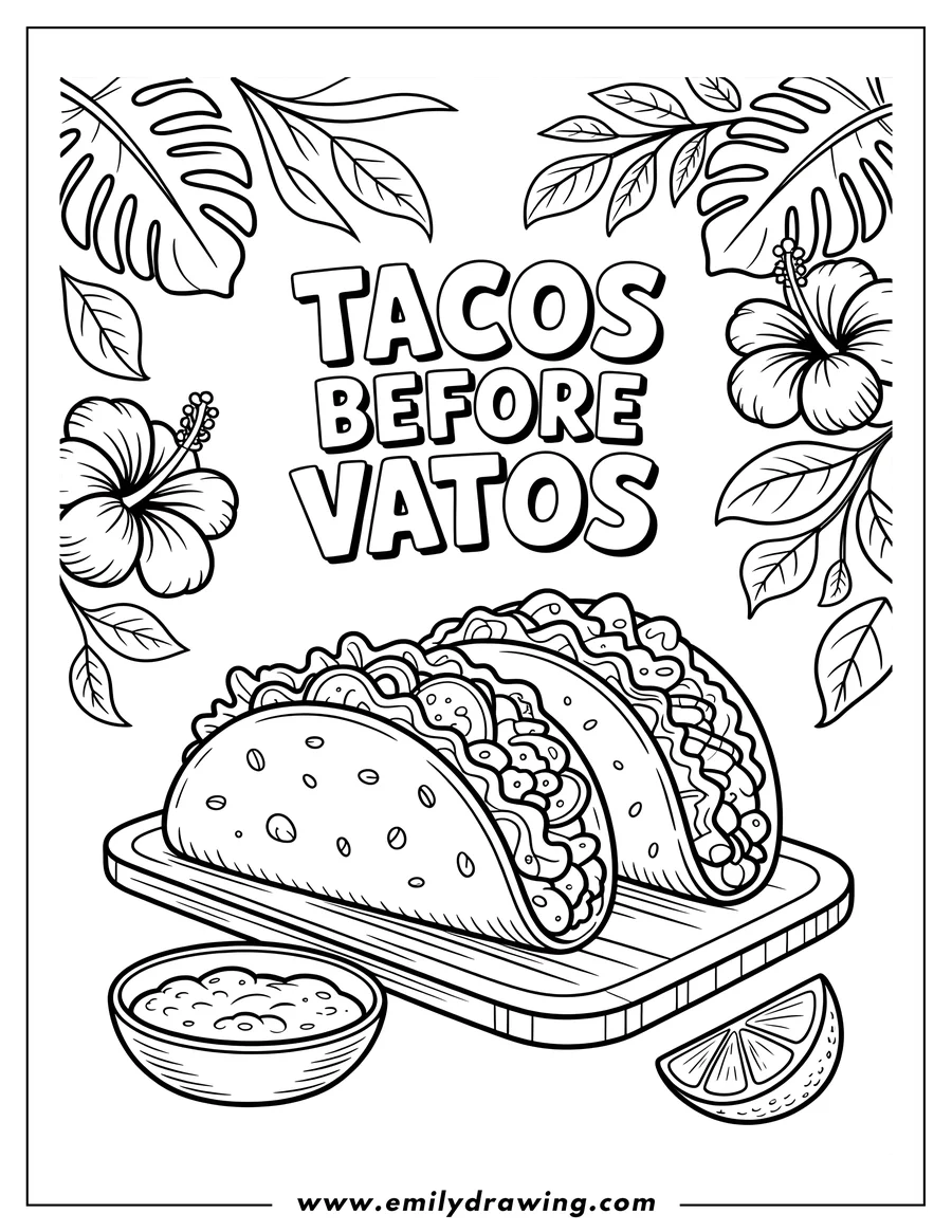 Line art of two tacos on a cutting board, with a bowl of salsa and a lime wedge.