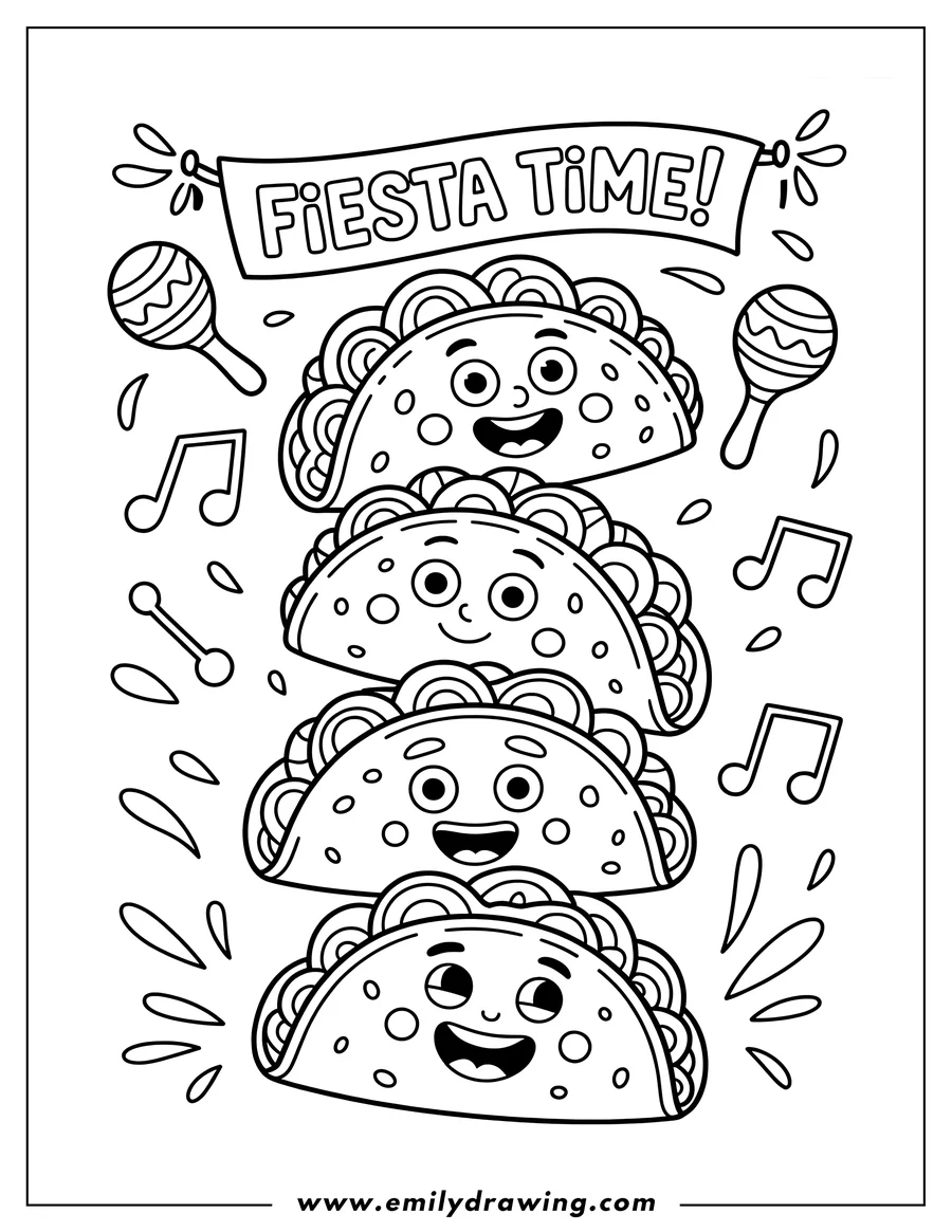 Line art of four cheerful tacos with maracas, musical notes, and a 'Fiesta Time!' banner.
