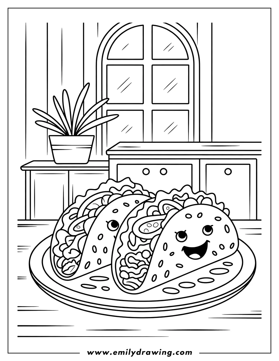 Outline of two smiling tacos on a plate in a kitchen setting with window and houseplant.