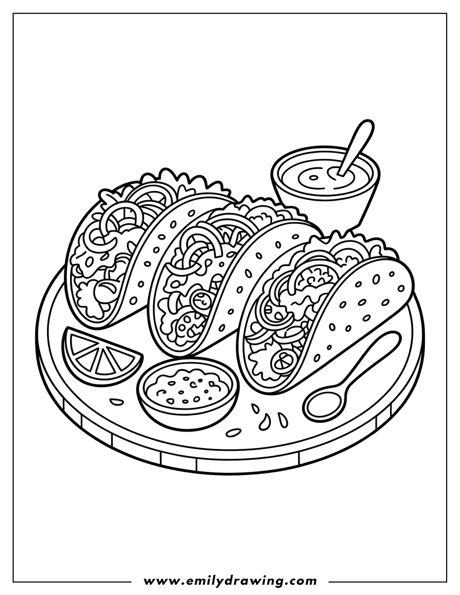 Outline of three tacos on a plate with lime and salsa. The tacos are filled with various ingredients.