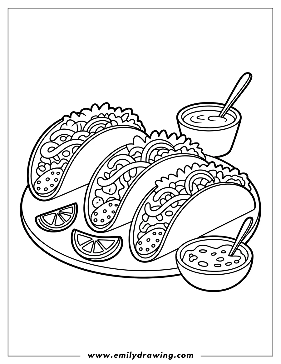 Outline of three tacos on a plate with two bowls of dipping sauces and lime slices.