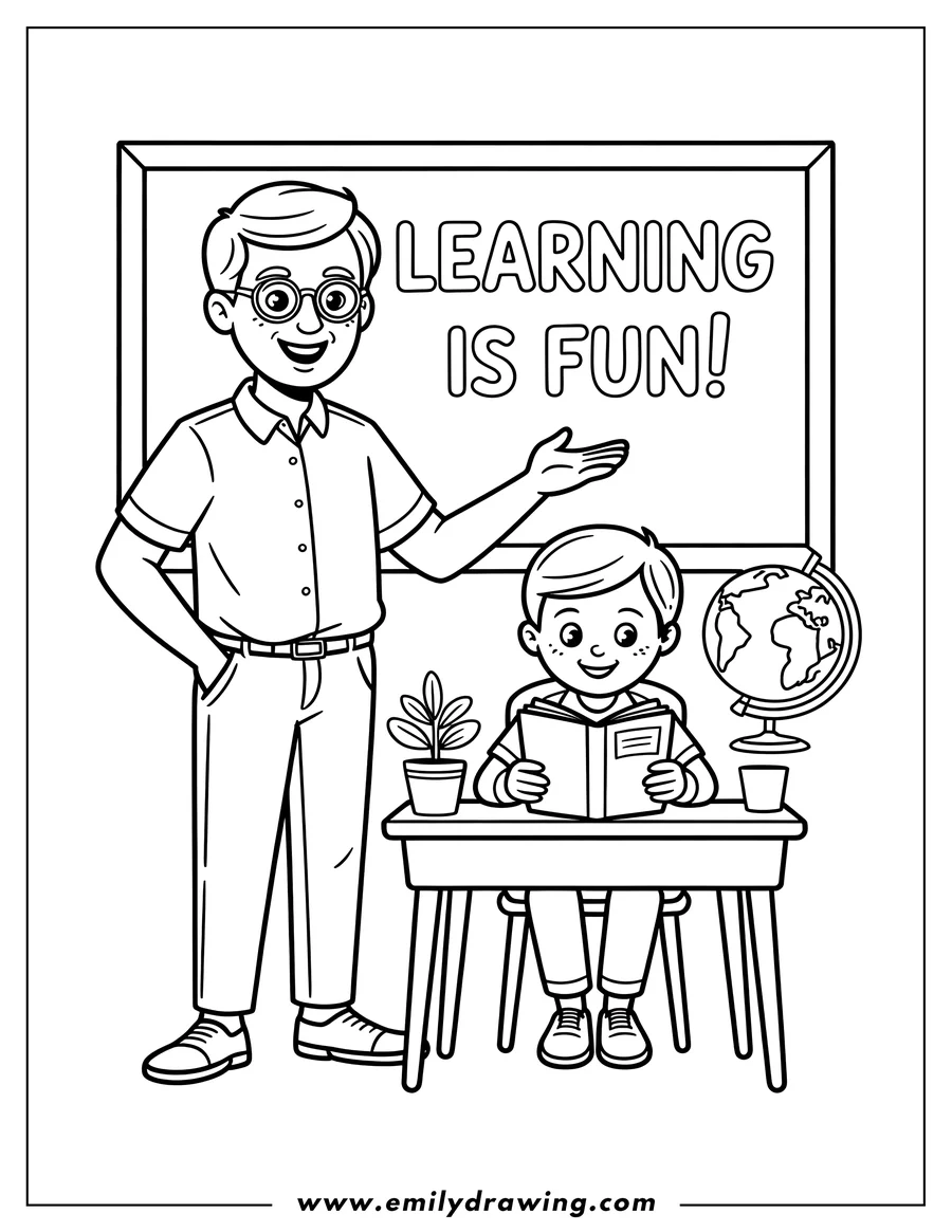 Line art of a teacher and student in a classroom. The teacher stands beside the board and gestures towards the words