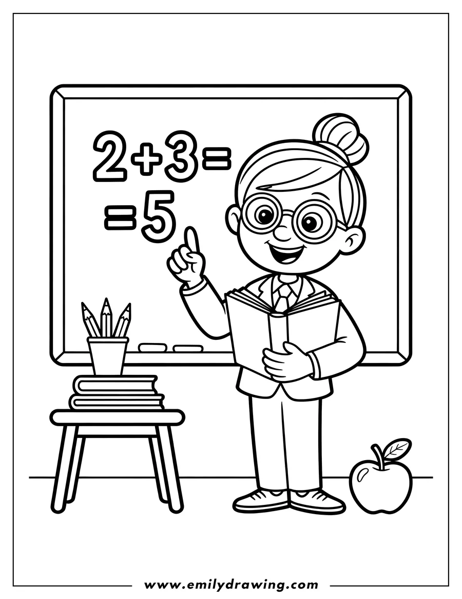 Line art of a teacher pointing to a chalkboard with a math sum on it. She is holding a book and there is an apple beside her.