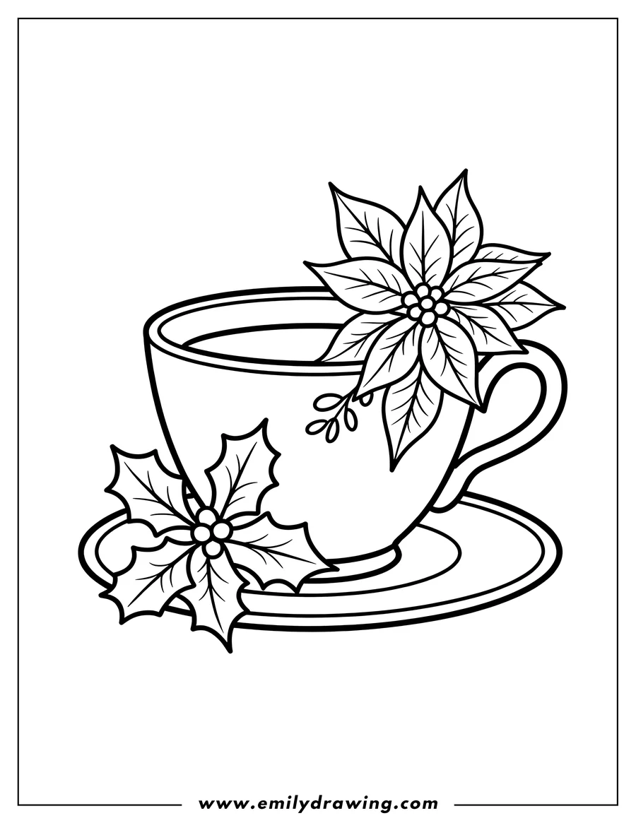 Line art of a teacup with holly and poinsettia decorations.