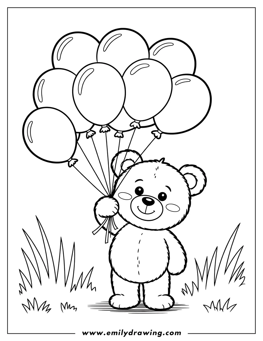 Outline of a teddy bear holding a bunch of balloons in a grassy area.