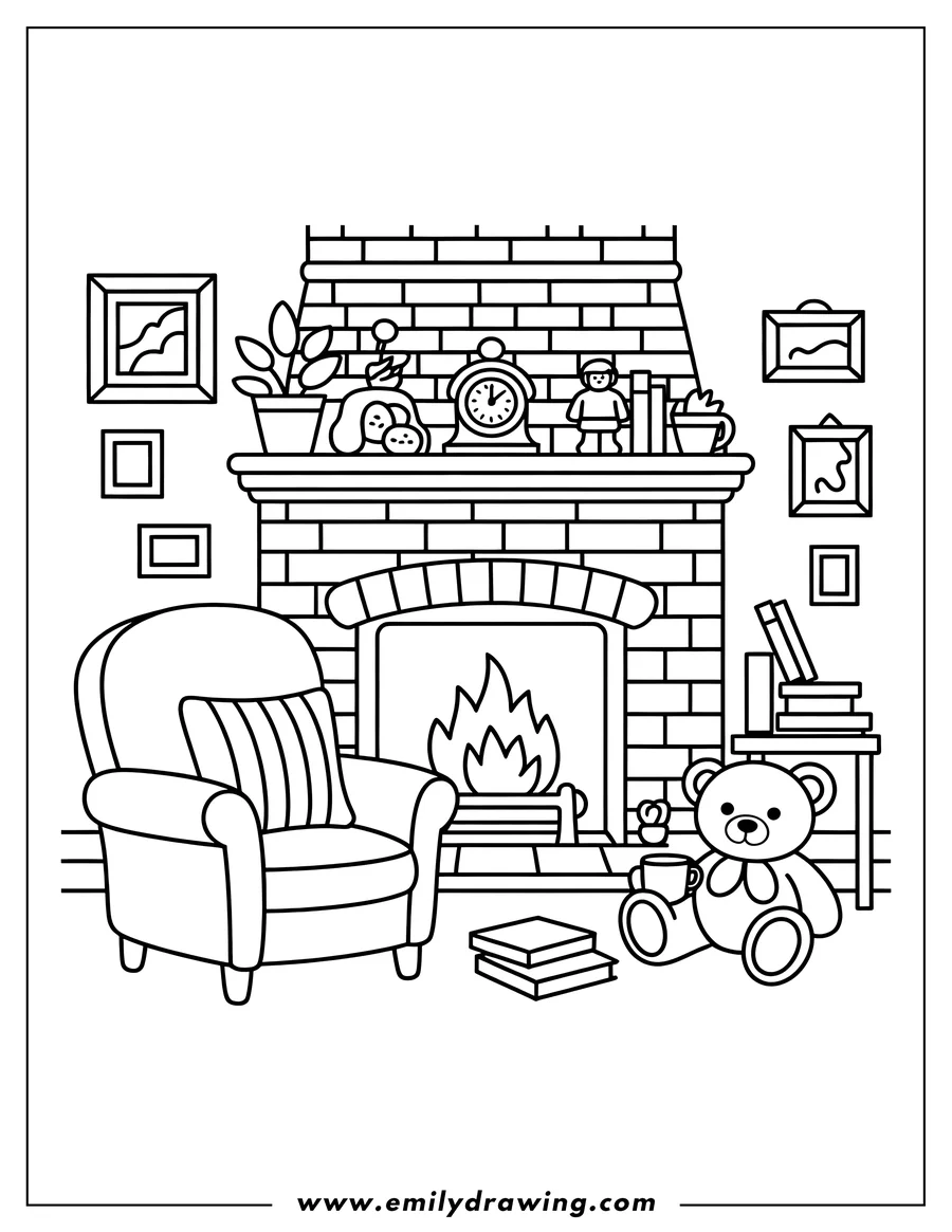 Outline of a teddy bear sitting by a fireplace with a cup of hot cocoa, a comfy armchair, books, and decorations on the mantelpiece.