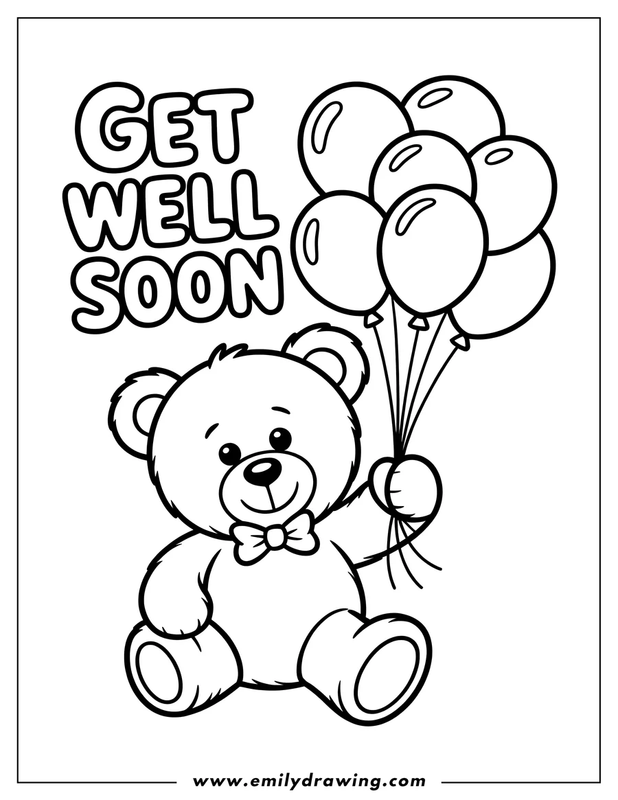 Line art of a teddy bear holding a bunch of balloons with the words 