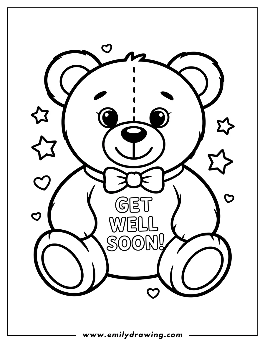 Line art of a teddy bear wearing a bow tie with the message 'Get Well Soon' surrounded by small hearts and stars.