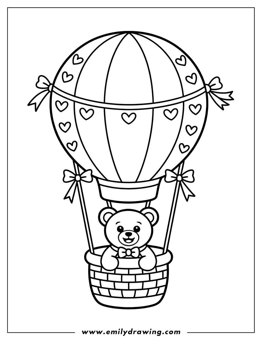 Outline of a teddy bear sitting in the basket of a hot air balloon decorated with hearts.