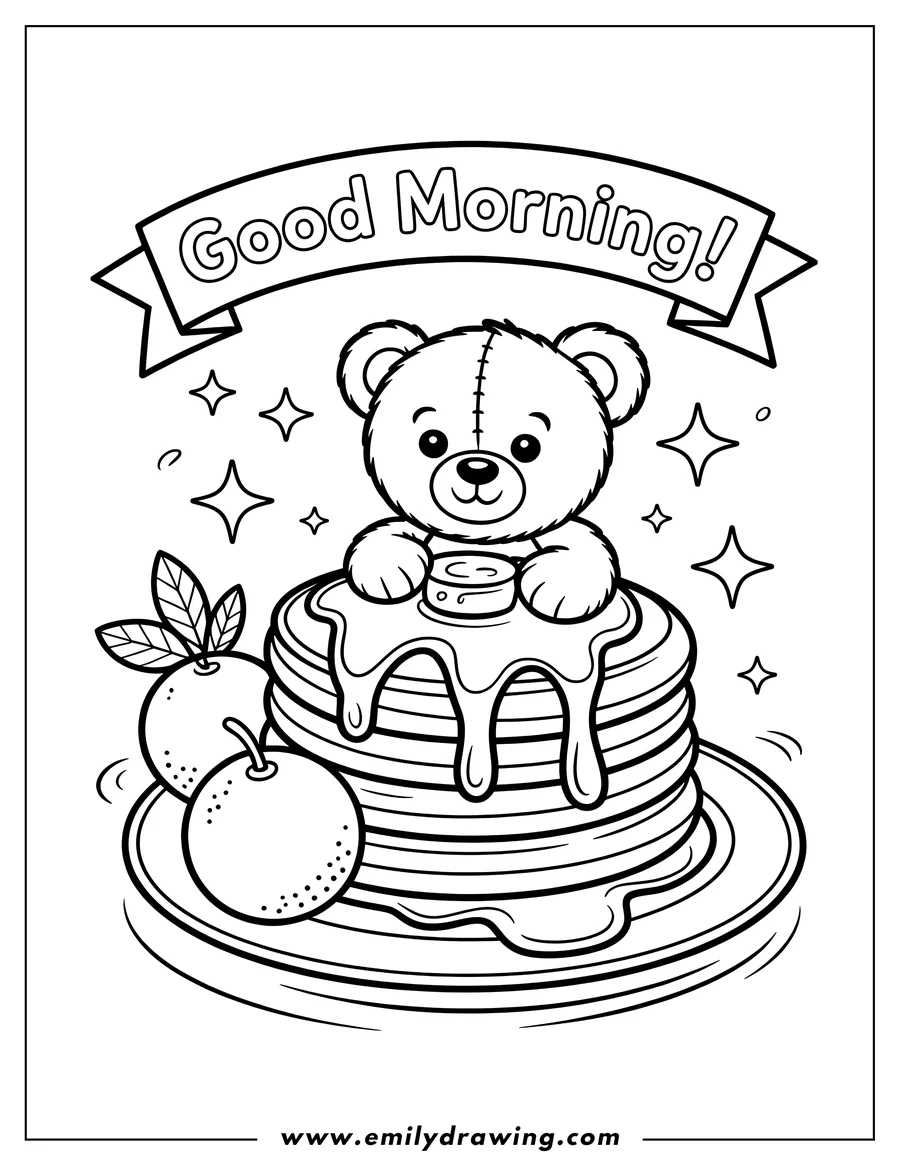 Line art of a teddy bear with a stack of pancakes, syrup, and oranges. A 