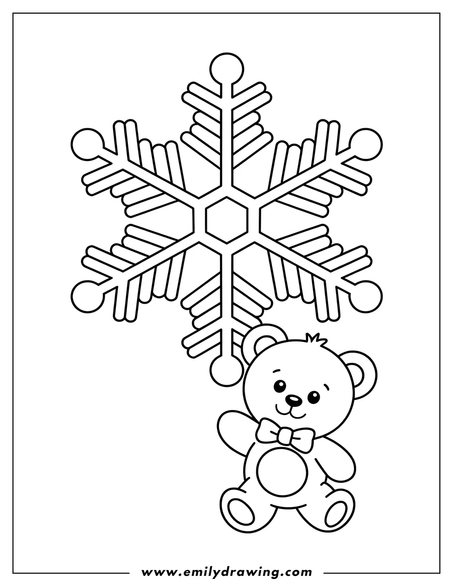 Outline of a teddy bear with a bow tie near a large snowflake.