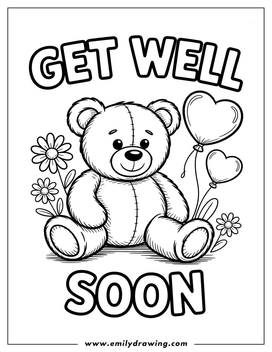 Line art of a teddy bear holding heart-shaped balloons, surrounded by flowers, with the words 