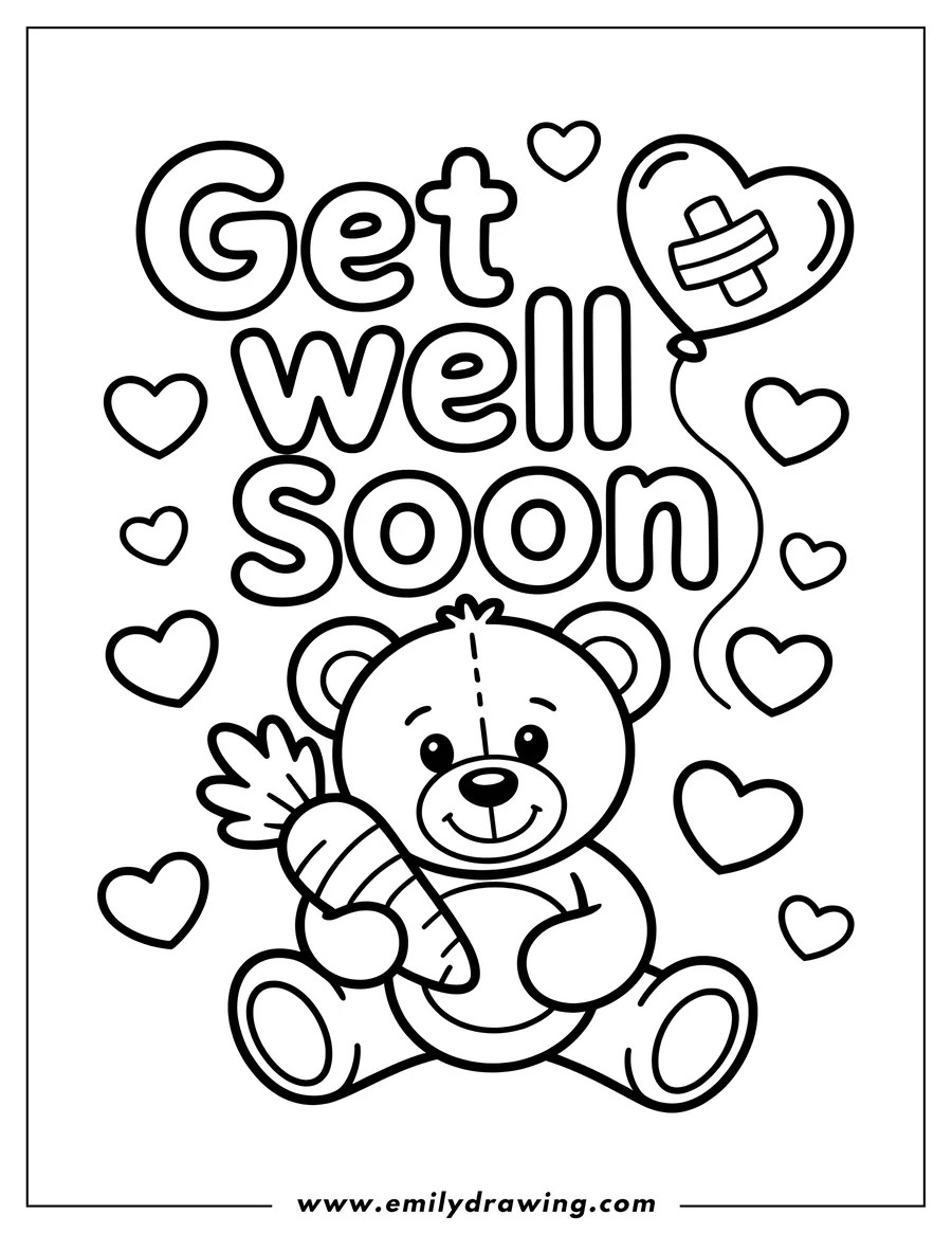 Line art of a teddy bear holding a carrot, with a heart-shaped balloon and the words 'Get Well Soon', surrounded by small hearts.