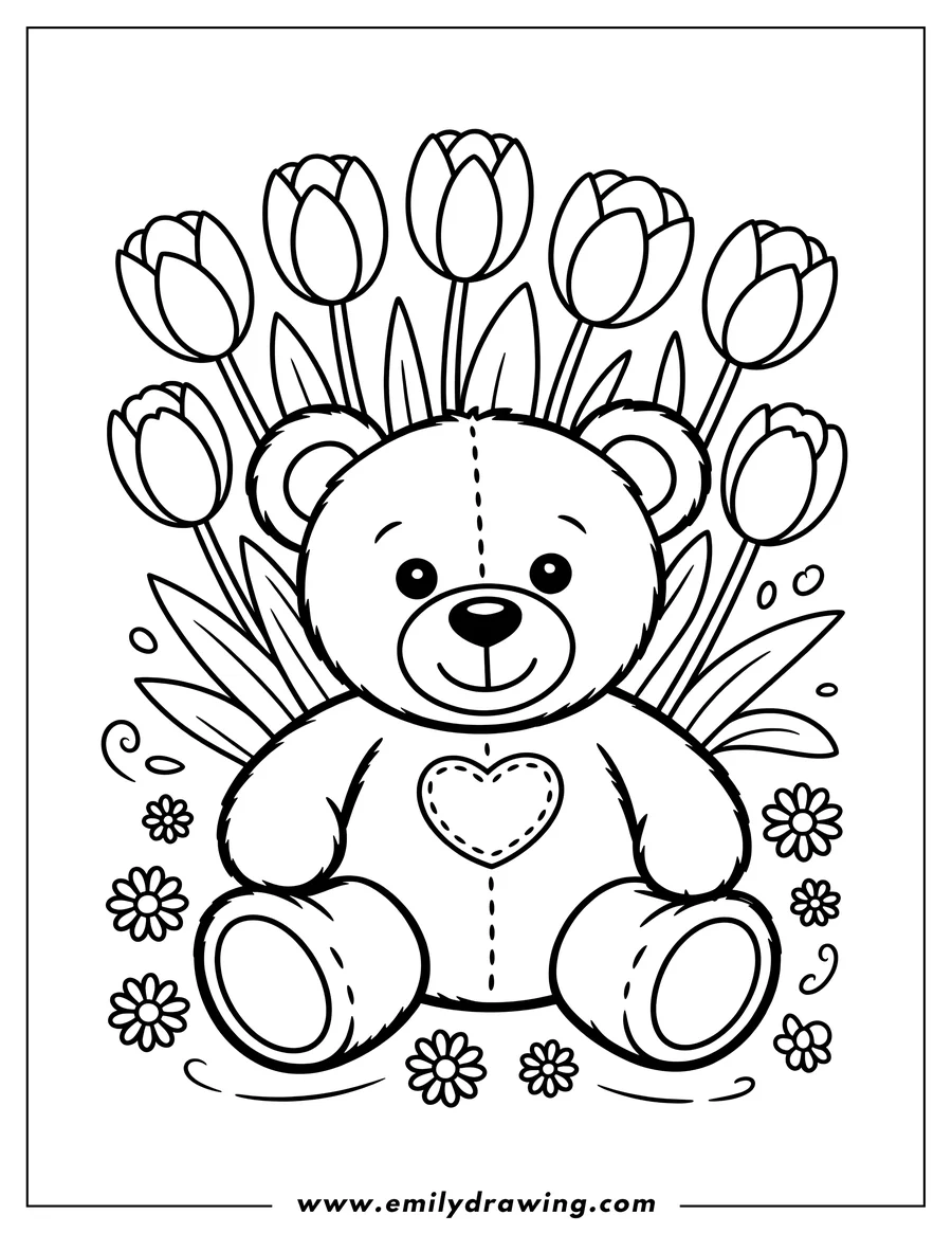 Outline of a teddy bear sitting with a patch heart on its chest, surrounded by tulips and small flowers.