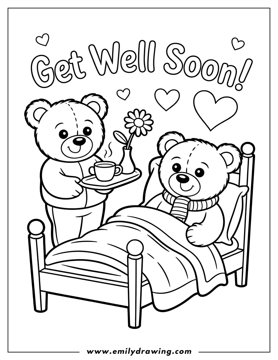 Line art of two teddy bears. One bear is sick in bed, wearing a scarf.  Another bear is bringing a tray with tea and a flower.