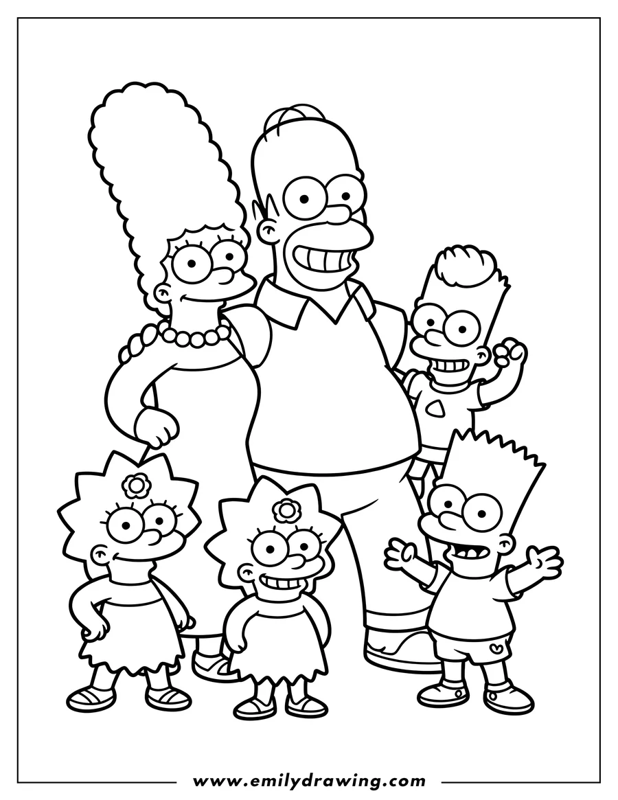 Line art of The Simpsons family: Homer, Marge, Bart, Lisa, and Maggie, standing together.