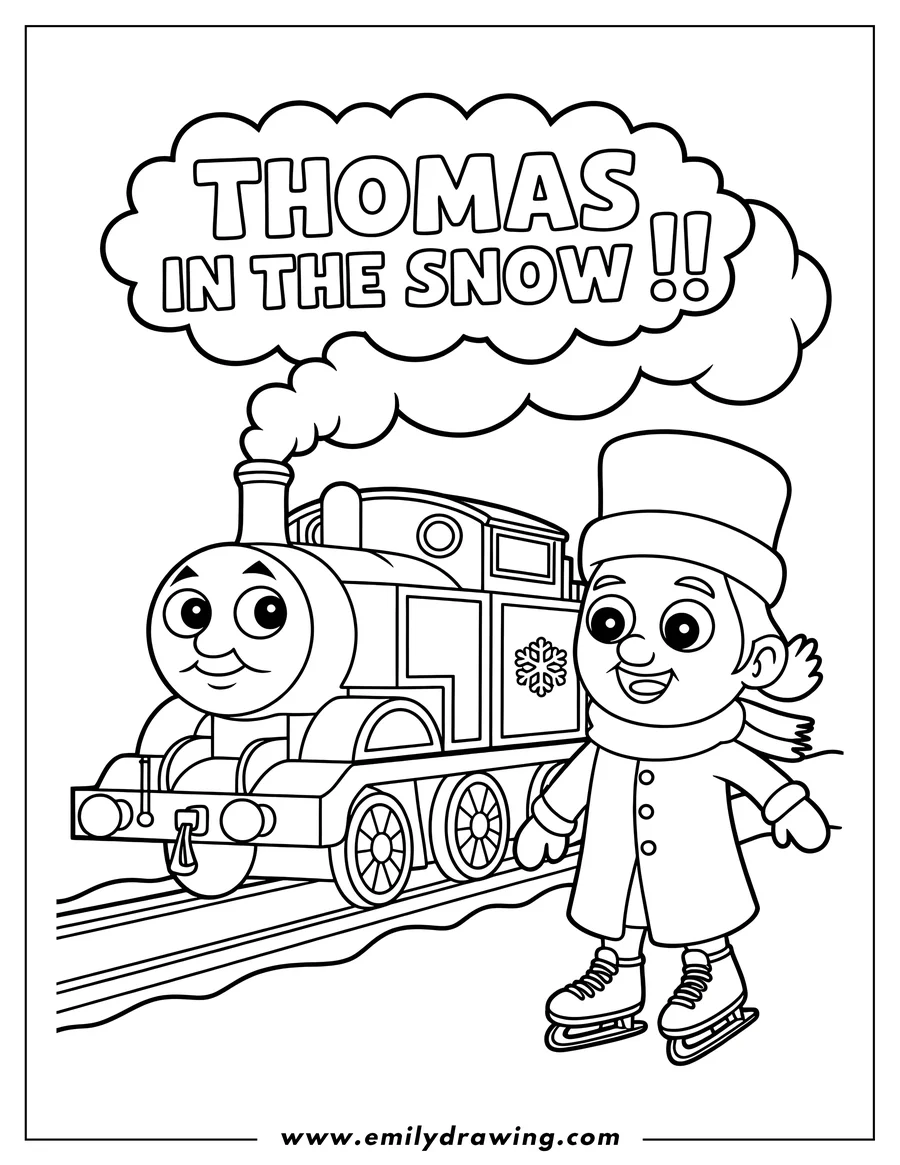 Line art of Thomas the Tank Engine and a child wearing ice skates. The child is dressed warmly in winter clothes. There is a speech bubble above the train that says 'Thomas in the Snow!!'