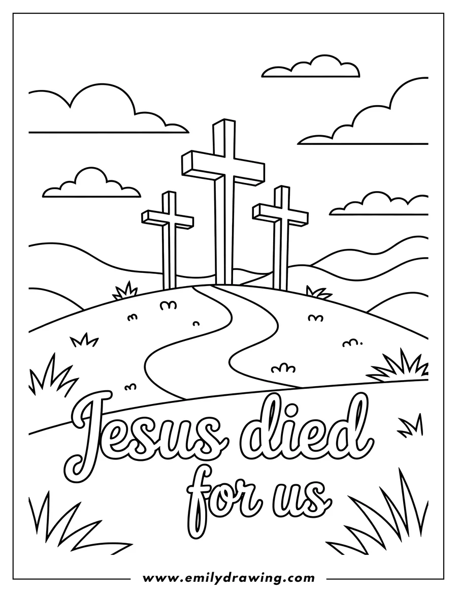 Outline of three dimensional crosses standing on a grassy hill, representing the scene at Calvary. A winding path leads toward the crosses. The bottom of the page features the scripture quote