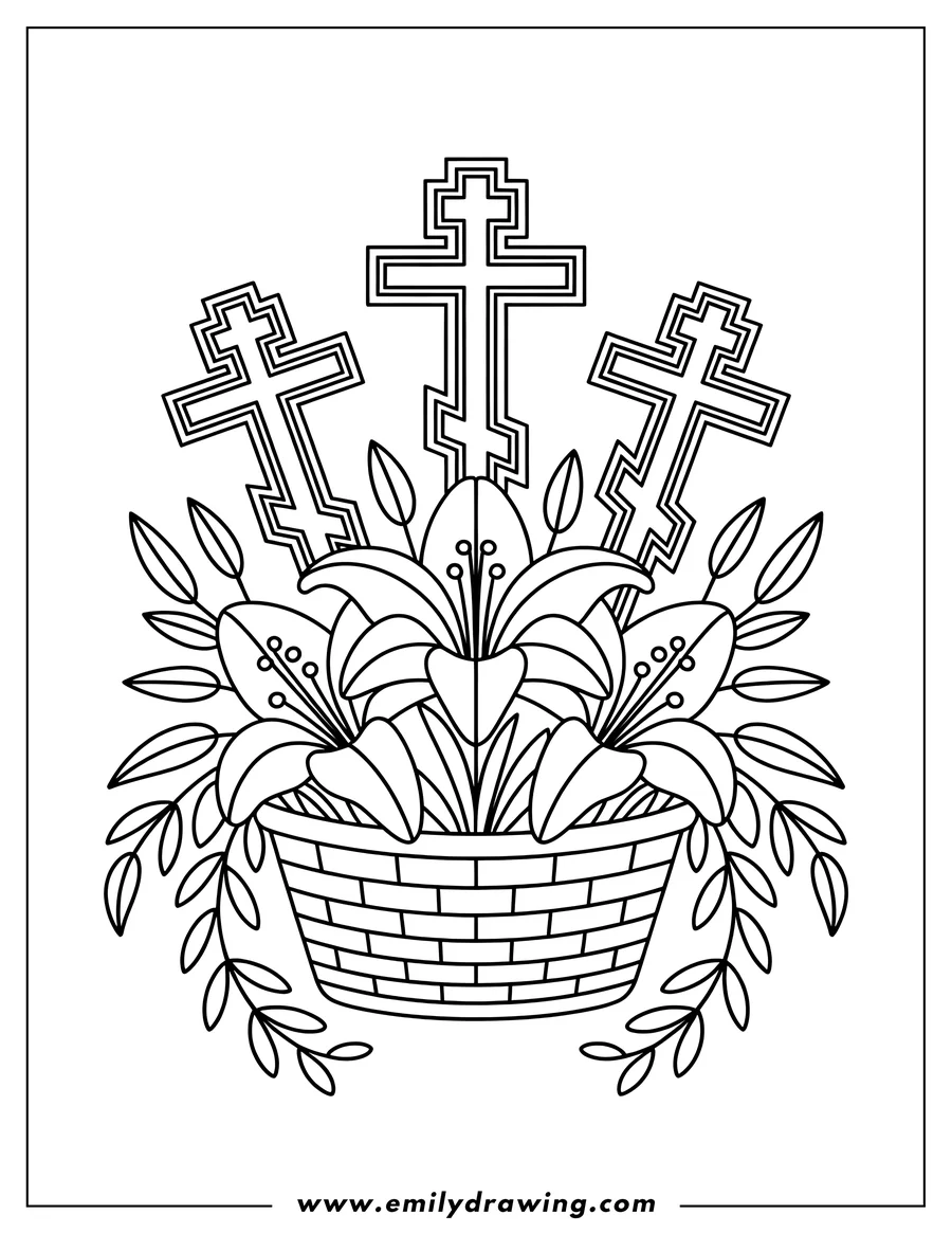 Outline of three stylized religious crosses standing above a woven basket overflowing with large lilies and leafy vines.