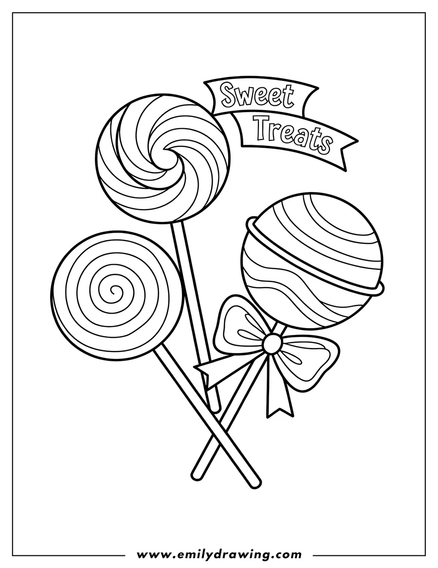 Outline of three lollipops. Two are swirled patterns and one is striped with a bow.