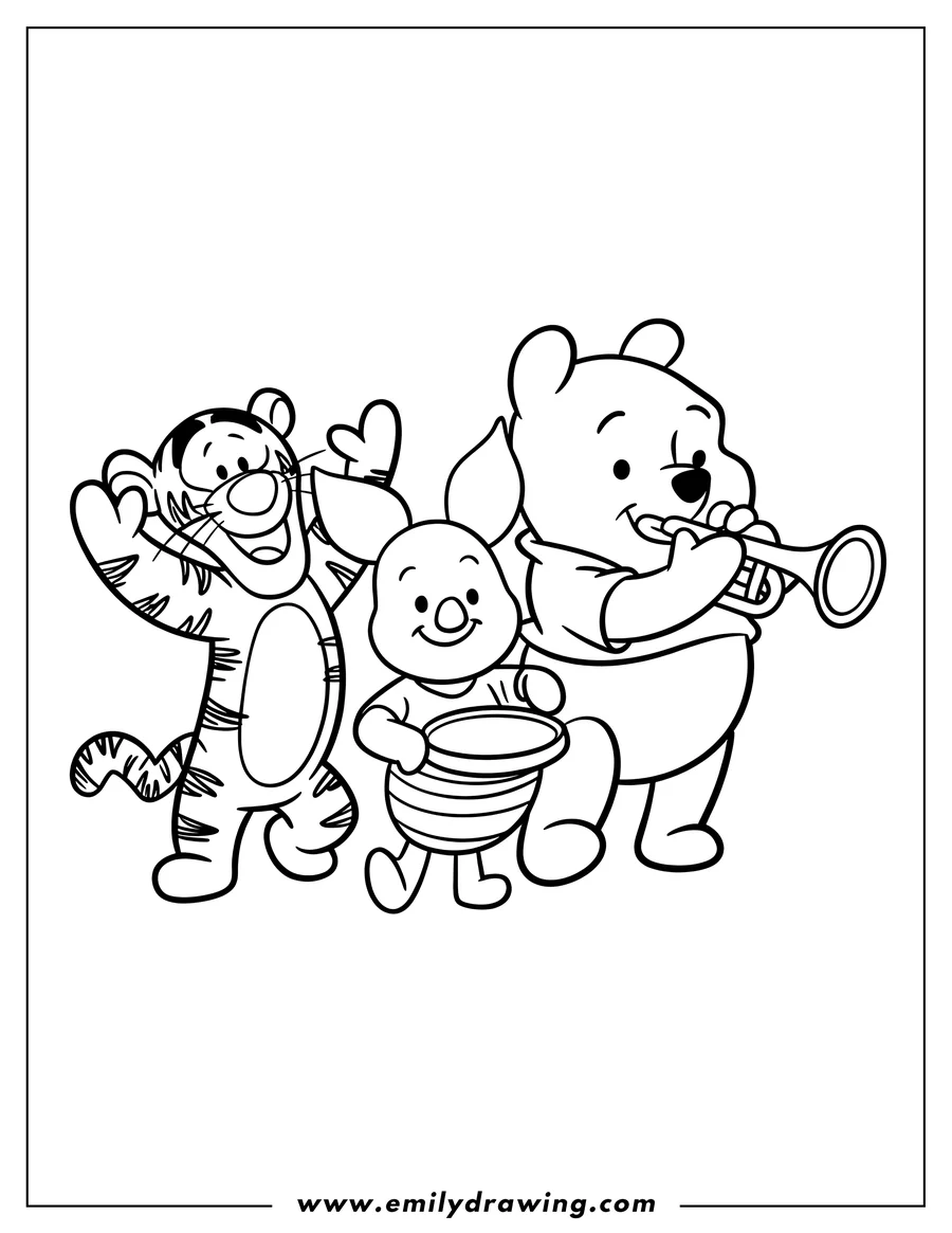 Line art of Tigger, Piglet, and Winnie the Pooh making music. Tigger is clapping, Piglet holds a drum, and Winnie the Pooh plays a trumpet.