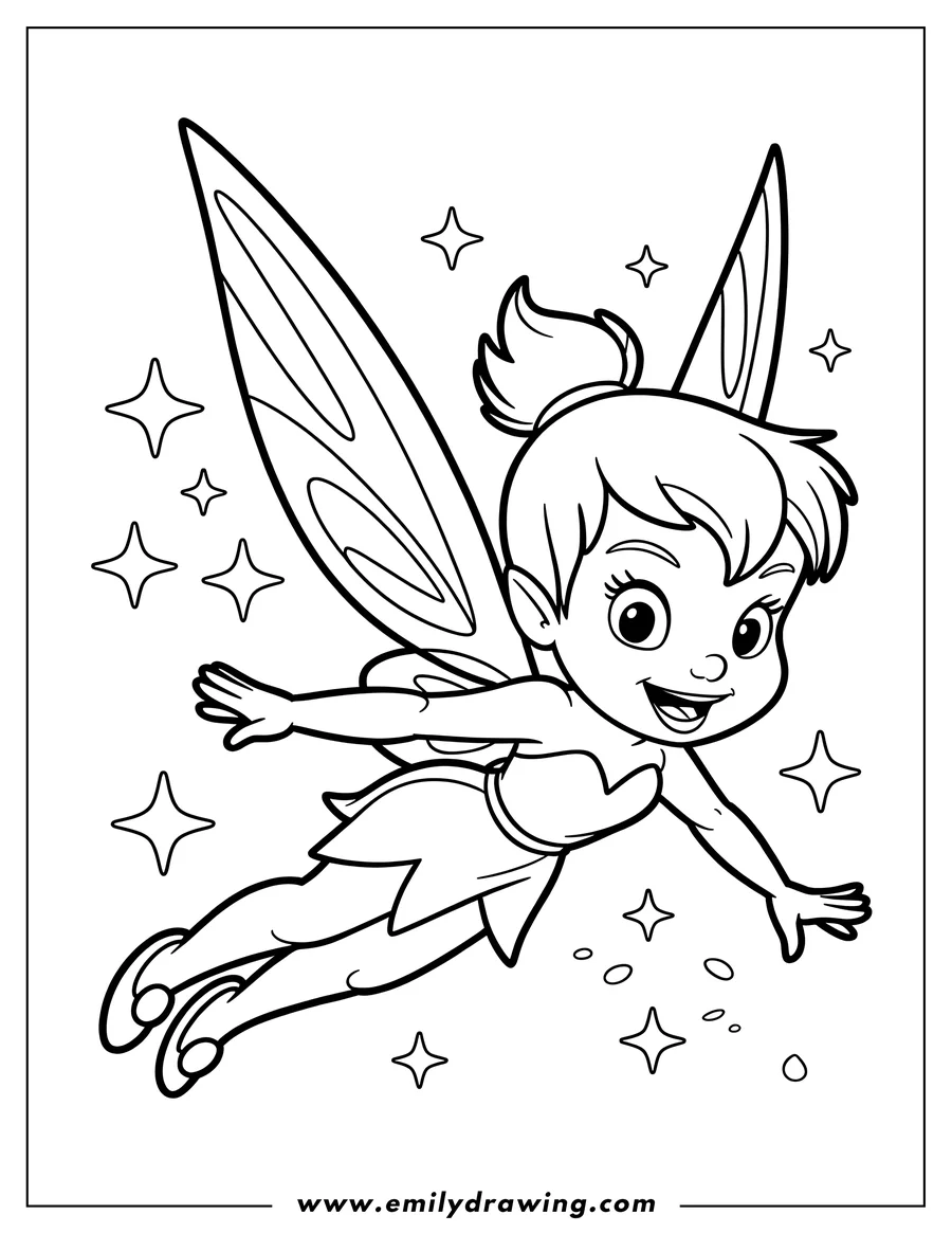 Line art of Tinkerbell flying and sprinkling pixie dust. She has large wings, a short dress, and pointed shoes.