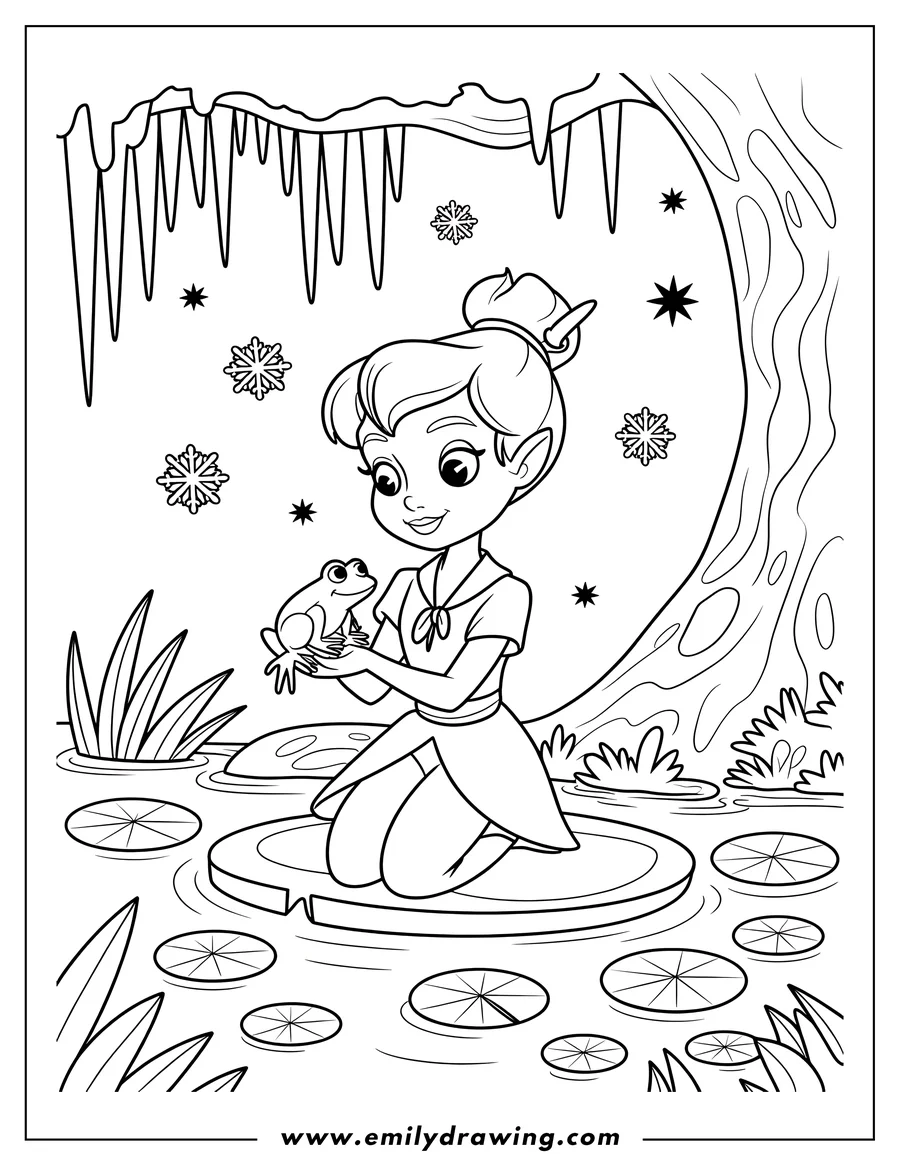 Outline of Tinkerbell sitting on a lily pad and holding a friendly frog. Snowflakes and icicles frame the scene.