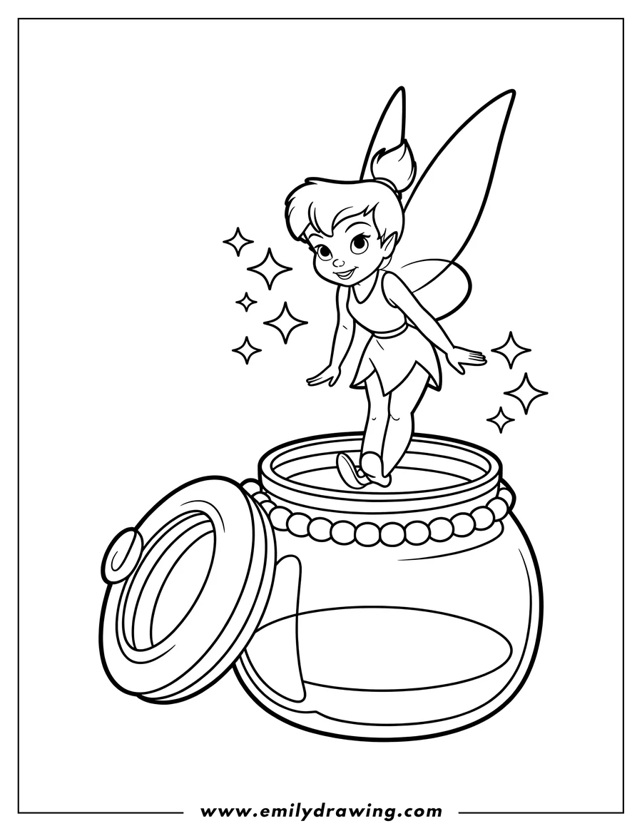 Outline of Tinkerbell standing on the open lid of a jar, surrounded by sparkles.