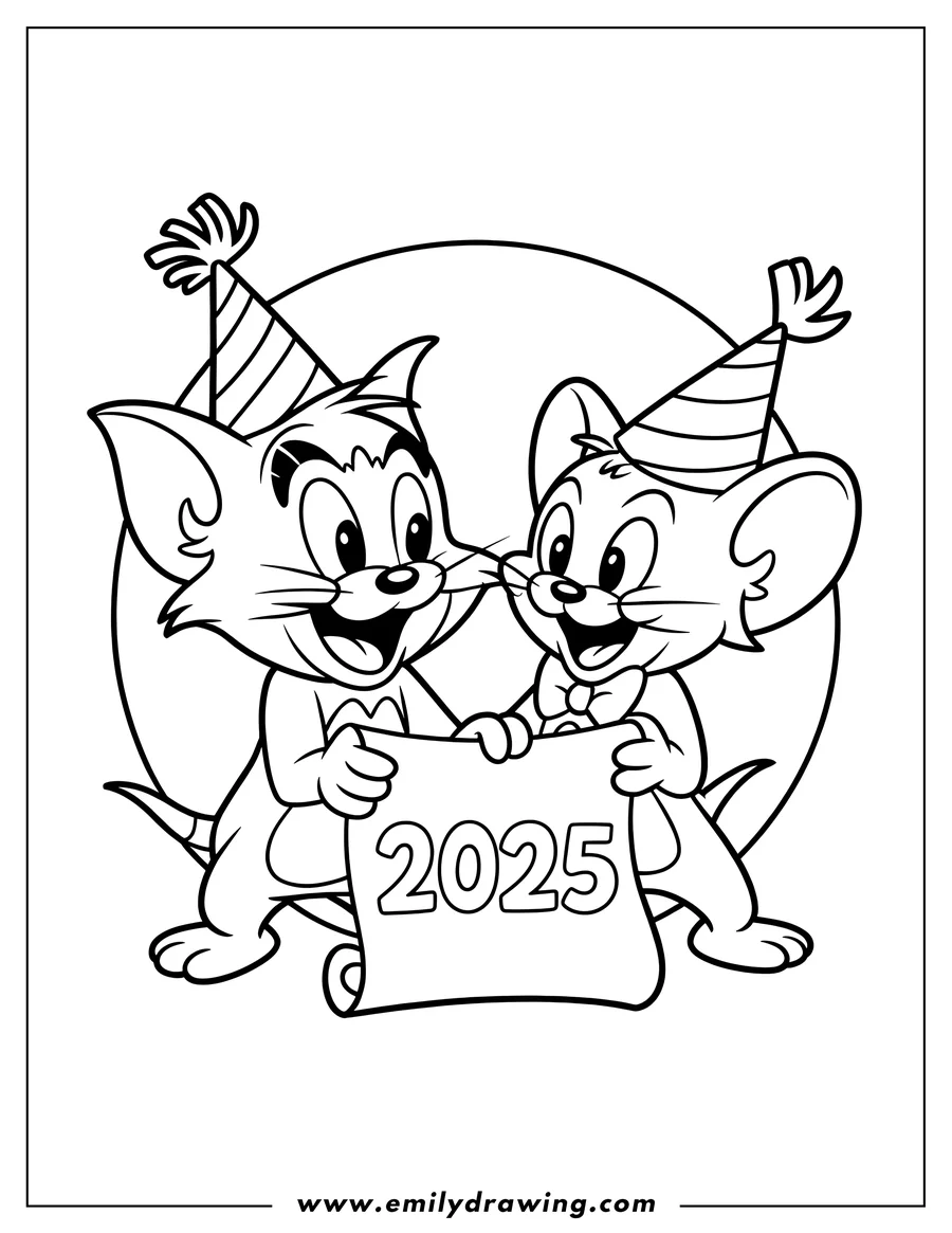 Line art of Tom and Jerry holding a 2025 banner, both wearing party hats.