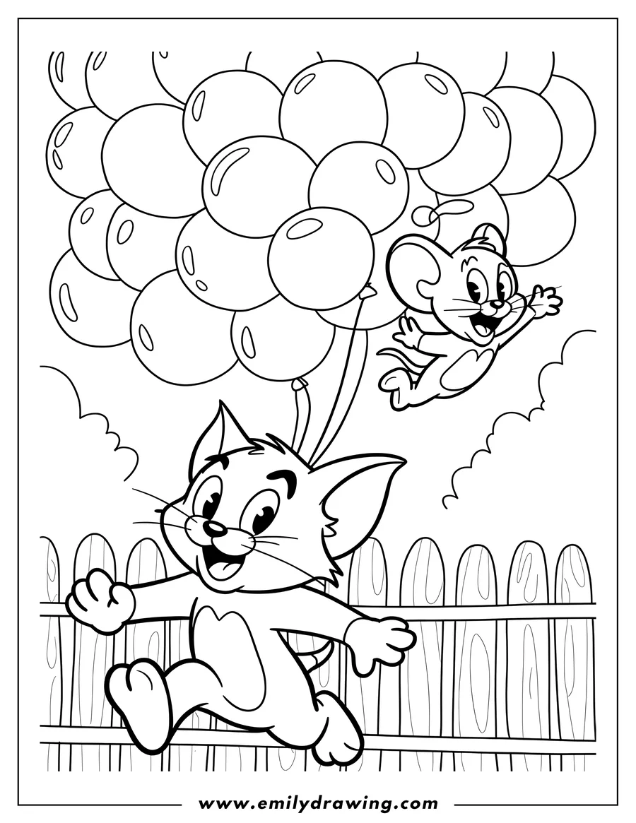 Outline of Tom running along a fence and Jerry floating with a bunch of balloons.
