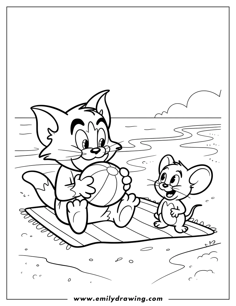 Line art of Tom the cat holding a beach ball, with Jerry the mouse on the beach.