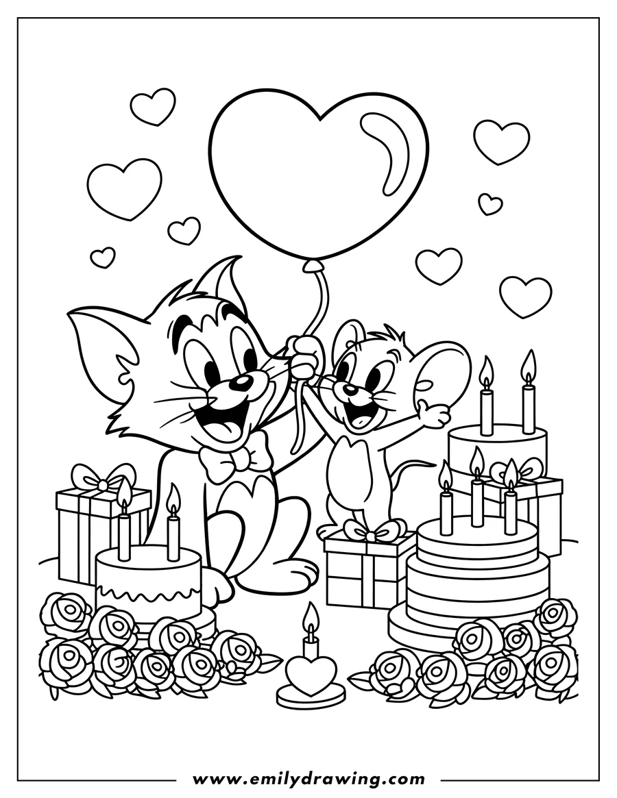 Line art of Tom and Jerry with birthday cakes, presents, roses, and a heart-shaped balloon.