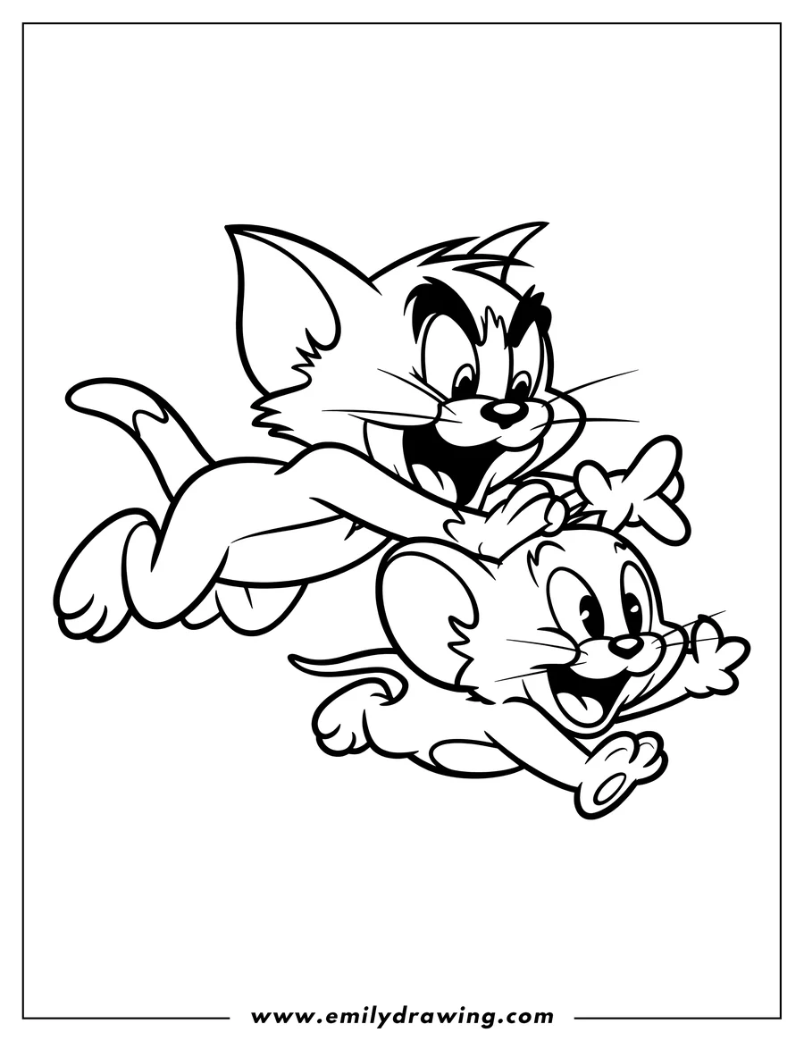 Line art of Tom and Jerry chasing each other.
